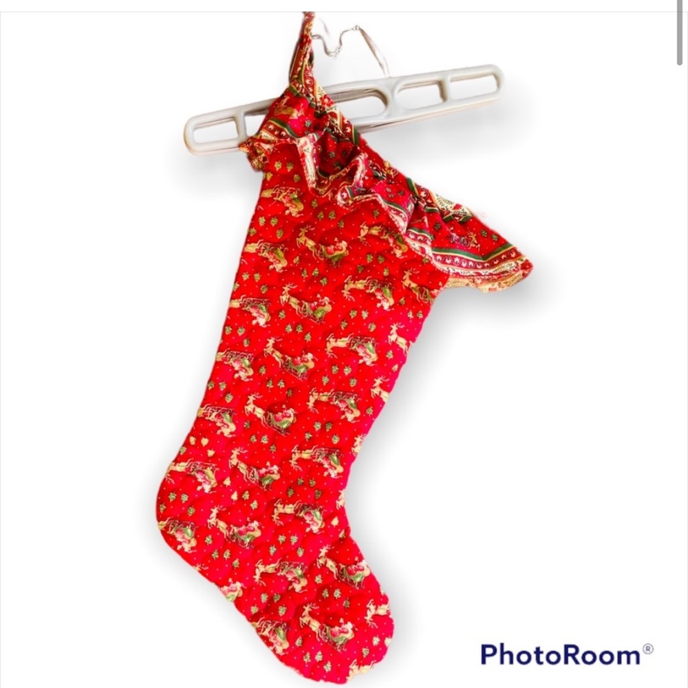 Traditional Santa on his Sleigh Christmas Stocking Quilted Red and Green